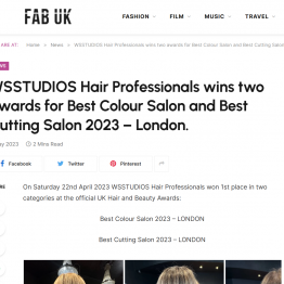 Image: WSSTUDIOS Hair Professionals wins Best Colour Salon and Best Cutting Salon at the 2023 UK Hair and Beauty Awards in London. The salon's logo and a screenshot of the awards announcement are featured.