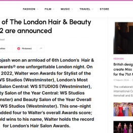 "Image: Walter Stojash holding six awards from The London Hair & Beauty Awards 2022, including Stylist of the Year and Overall Winner for WSSTUDIOS Hair Professionals."